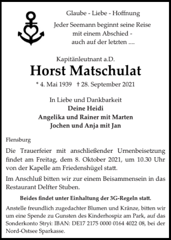 Traueranzeige von Horst Matschulat von Flensburger Tageblatt