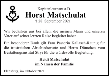 Traueranzeige von Horst Matschulat von Flensburger Tageblatt