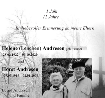 Traueranzeige von Lenchen Horst Andresen von Flensburger Tageblatt