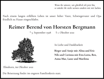 Traueranzeige von Reimer Berend von Horsten Bergmann von Elmshorner Nachrichten