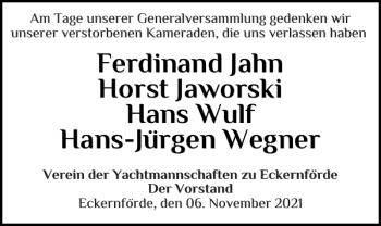 Traueranzeige von Ferdinand Jahn Horst Jaworski Hans Wulf Hans-Jürgen Wegner  von Eckernförder Zeitung