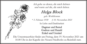 Traueranzeige von Freitag um der Friedhofes zu Reinfeld  von Stormarner Tageblatt
