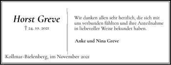 Traueranzeige von Horst Greve von Norddeutsche Rundschau
