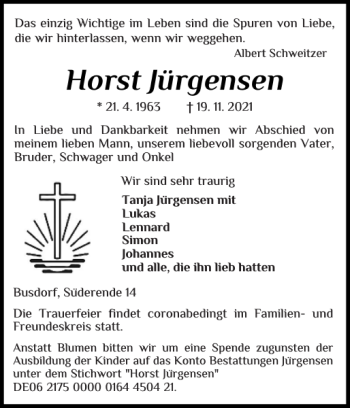 Traueranzeige von Horst Jürgensen von Schleswiger Nachrichten