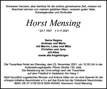 Traueranzeige von Horst Mensing von Holsteinischer Courier
