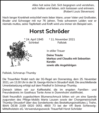 Traueranzeige von Horst Schröder von Flensburger Tageblatt
