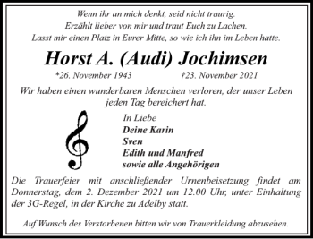 Traueranzeige von Horst A. Audi Jochimsen von Flensburger Tageblatt