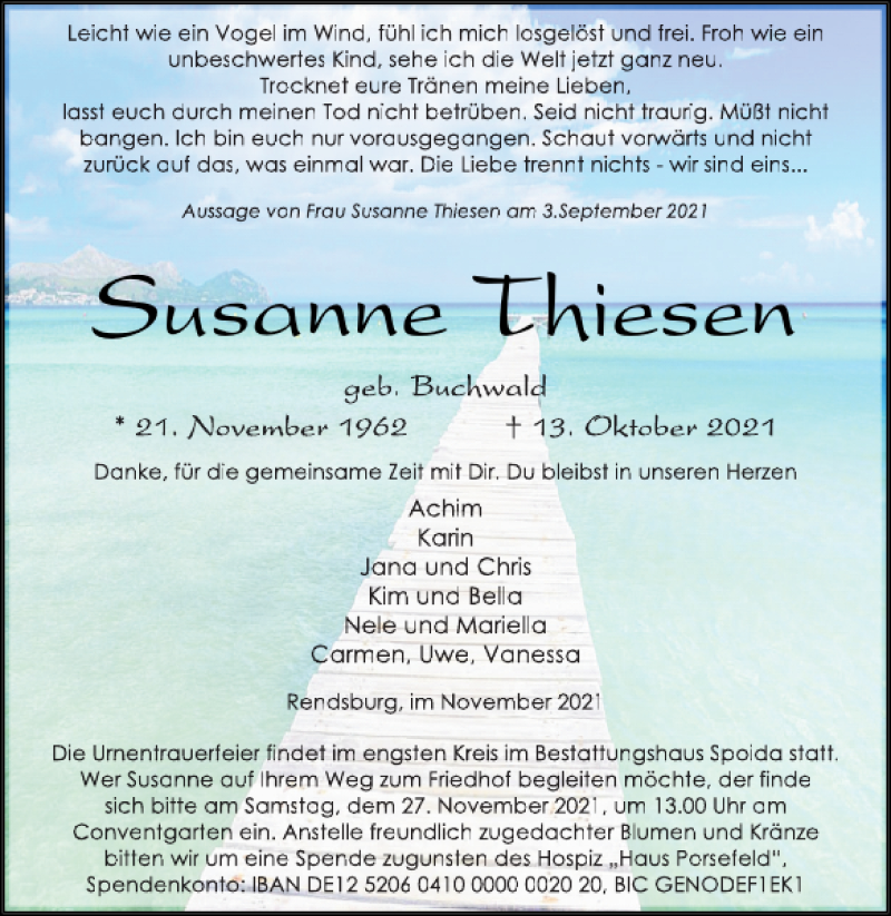  Traueranzeige für Susanne Thiesen vom 13.11.2021 aus Landeszeitung
