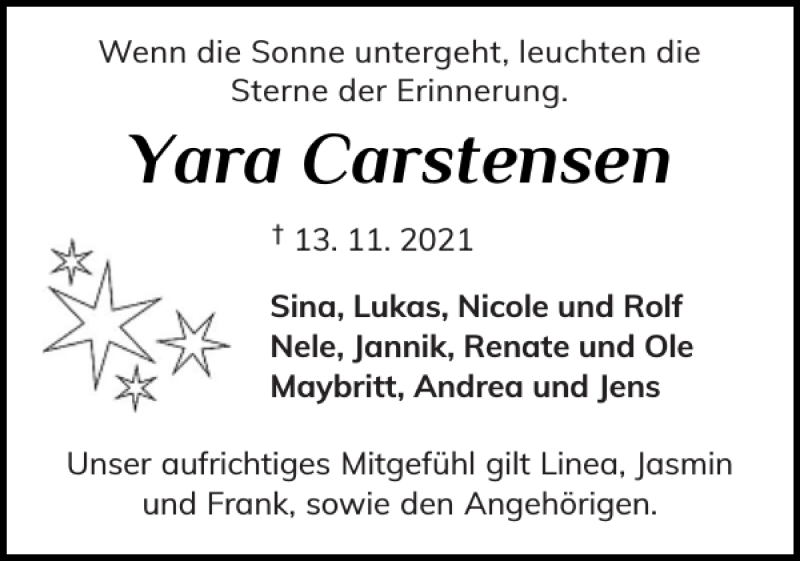  Traueranzeige für Yara Carstensen vom 20.11.2021 aus Schleswiger Nachrichten