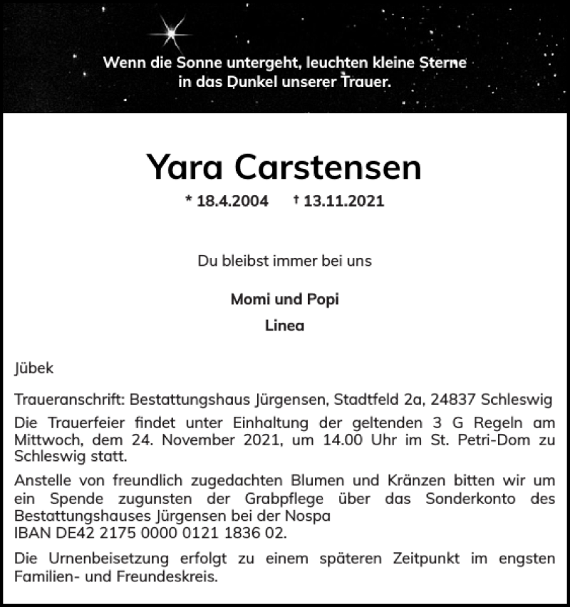  Traueranzeige für Yara Carstensen vom 20.11.2021 aus Flensburger Tageblatt