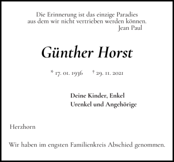 Traueranzeige von Günther Horst von Norddeutsche Rundschau