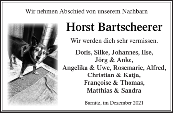 Traueranzeige von Horst Bartscheerer von Stormarner Tageblatt