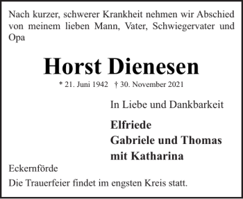 Traueranzeige von Horst Dienesen von Eckernförder Zeitung
