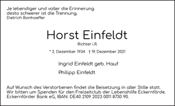 Traueranzeige von Horst Einfeldt von Eckernförder Zeitung