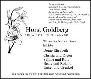 Traueranzeige von Horst Goldberg von Uetersener Nachrichten
