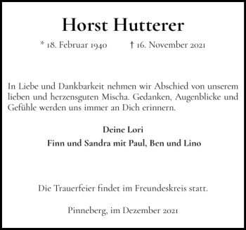 Traueranzeige von Horst Hutterer von Pinneberger Tageblatt