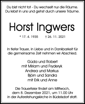Traueranzeige von Horst Ingwers von Landeszeitung