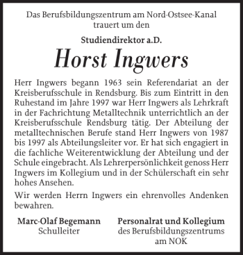 Traueranzeige von Horst Ingwers von Landeszeitung