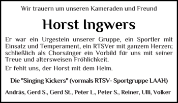 Traueranzeige von Horst Ingwers von Landeszeitung
