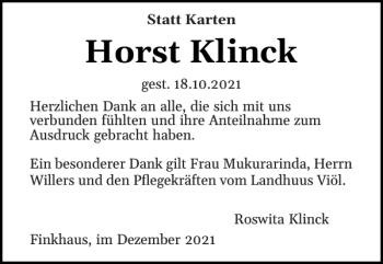 Traueranzeige von Horst Klinck von Husumer Nachrichten