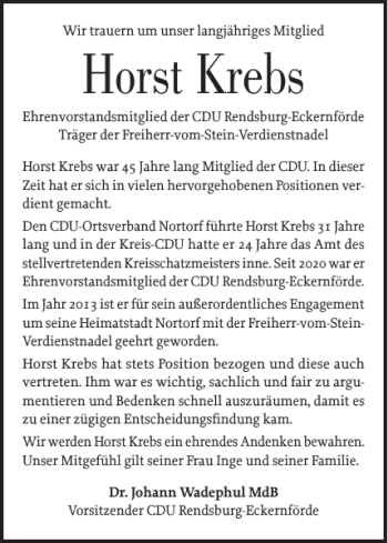Traueranzeige von Horst Krebs von Landeszeitung