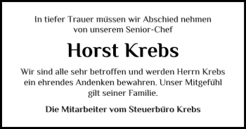Traueranzeige von Horst Krebs von Landeszeitung