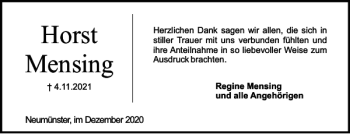 Traueranzeige von Horst Mensing von Holsteinischer Courier