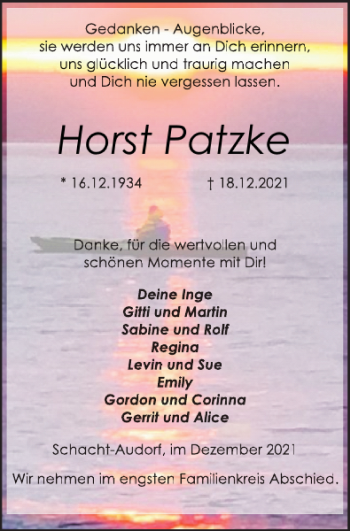 Traueranzeige von Horst Patzke von Landeszeitung