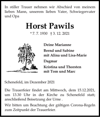 Traueranzeige von Horst Pawils von Norddeutsche Rundschau