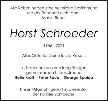 Traueranzeige von Horst Schroeder von Landeszeitung