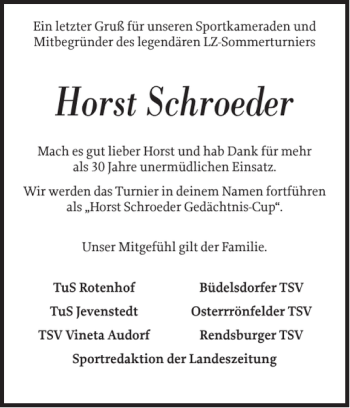 Traueranzeige von Horst Schroeder von Landeszeitung