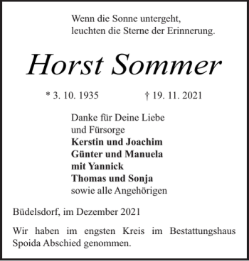 Traueranzeige von Horst Sommer von Landeszeitung