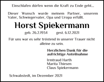 Traueranzeige von Horst Spiekermann von Husumer Nachrichten