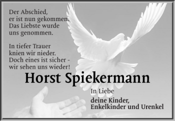 Traueranzeige von Horst Spiekermann von Husumer Nachrichten