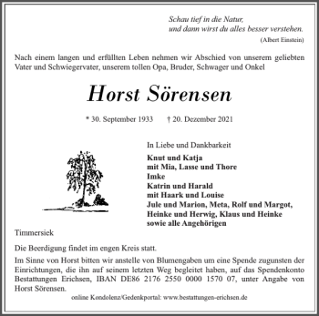 Traueranzeige von Horst Sörensen von Flensburger Tageblatt