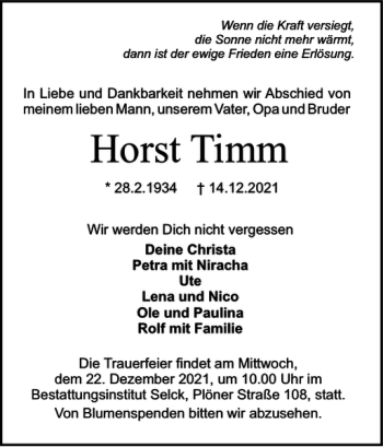 Traueranzeige von Horst Timm von Holsteinischer Courier