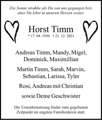 Traueranzeige von Horst Timm von Uetersener Nachrichten