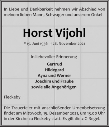 Traueranzeige von Horst Vijohl von Eckernförder Zeitung