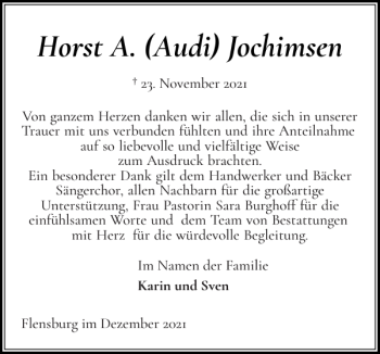 Traueranzeige von Horst A. Audi Jochimsen von Flensburger Tageblatt
