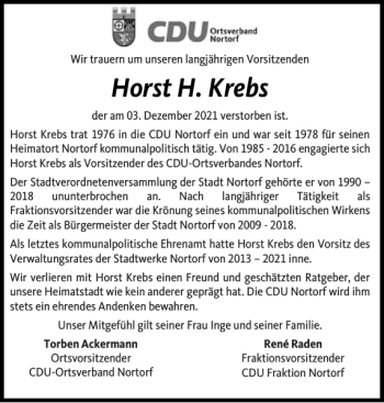 Traueranzeige von Horst H. Krebs von Landeszeitung