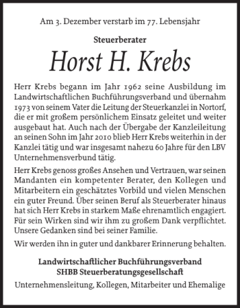 Traueranzeige von Horst H. Krebs von Landeszeitung