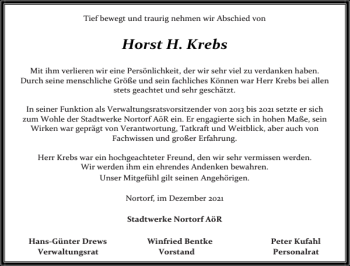 Traueranzeige von Horst H. Krebs von Landeszeitung