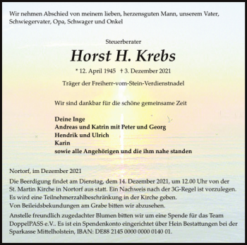 Traueranzeige von Horst H. Krebs von Landeszeitung