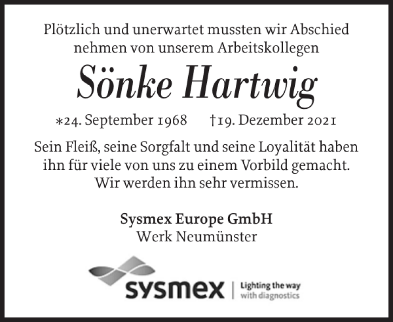  Traueranzeige für Sönke Hartwig vom 29.12.2021 aus Holsteinischer Courier