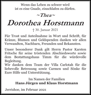 Traueranzeige von Dorothea Horstmann von Flensburger Tageblatt
