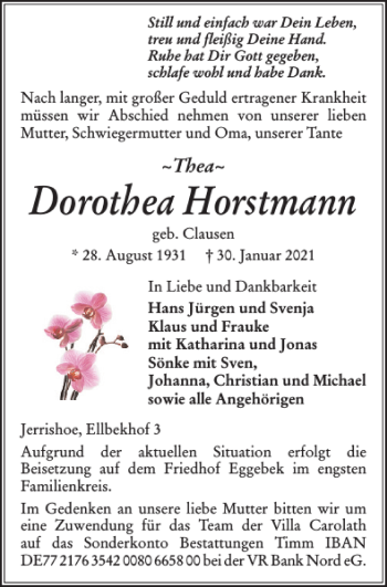 Traueranzeige von Dorothea Horstmann von Flensburger Tageblatt