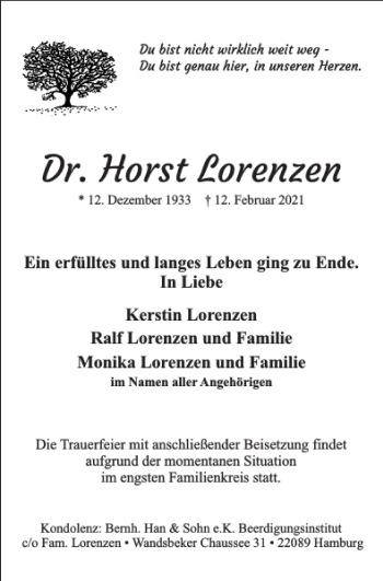 Traueranzeige von Dr. Horst Lorenzen von Nordfriesland Tageblatt
