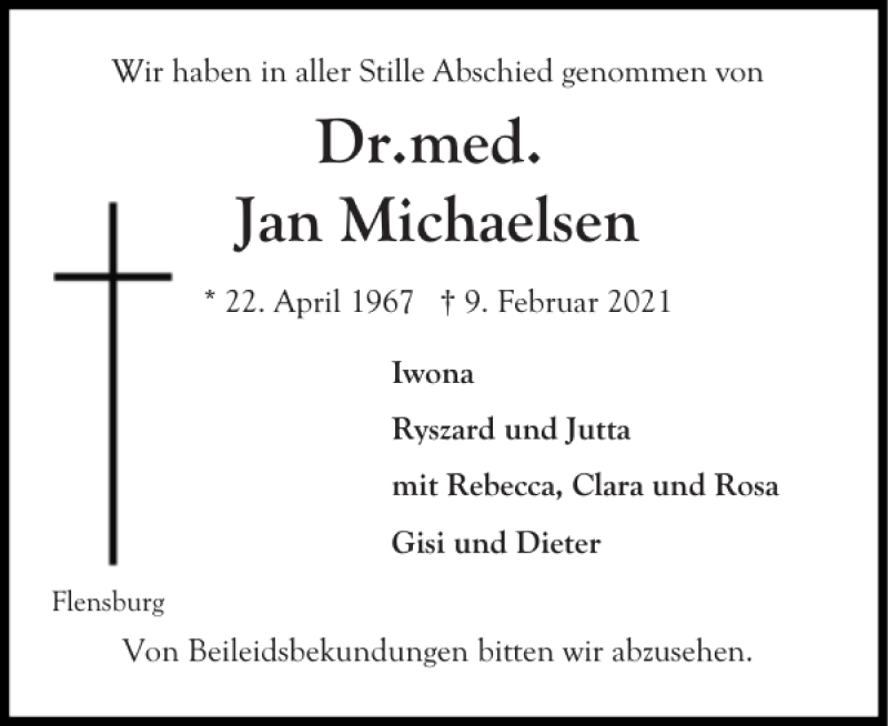  Traueranzeige für Dr. med. Jan Michaelsen vom 26.02.2021 aus Flensburger Tageblatt