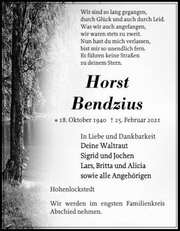 Traueranzeige von Horst Bendzius von Norddeutsche Rundschau
