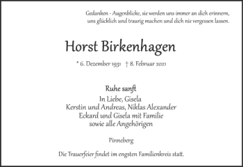 Traueranzeige von Horst Birkenhagen von Pinneberger Tageblatt